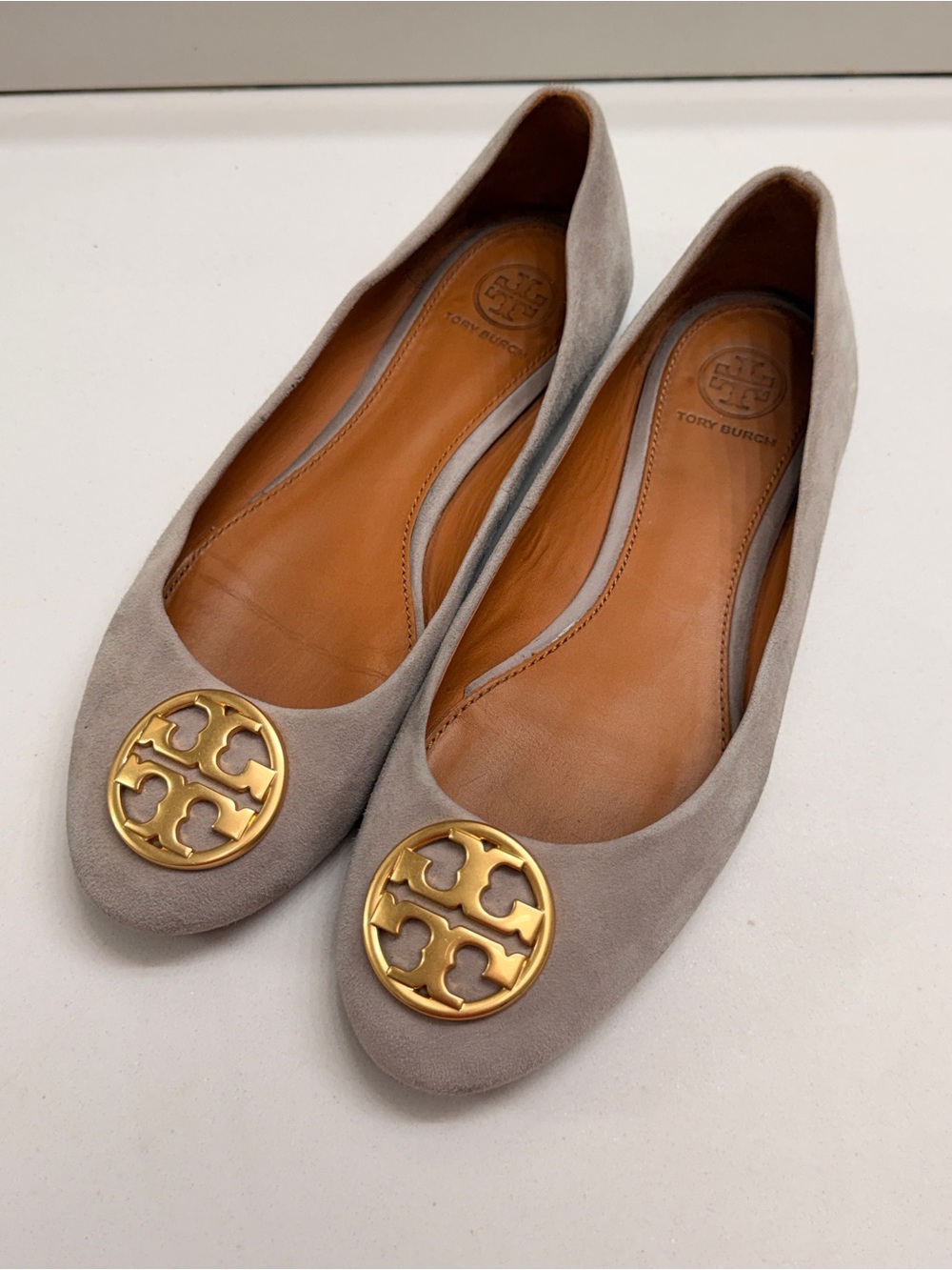 Tory Burch Taupe Suede Ballet Flats with Gold Logo Medallion